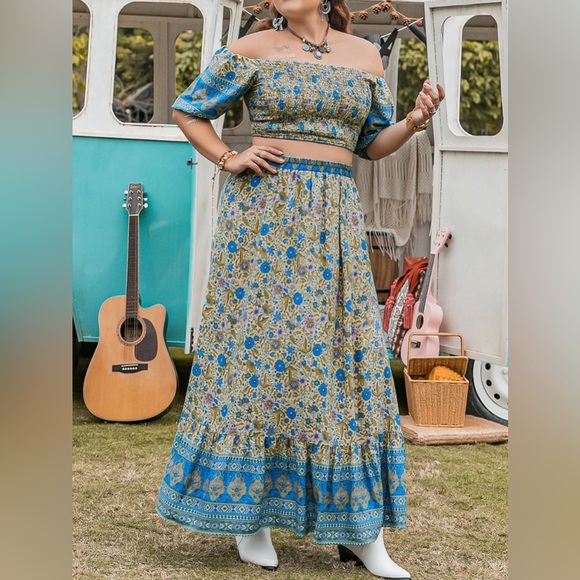 Plus size off shoulder top maxi skirt two piece skirt set - Picture 3 of 7